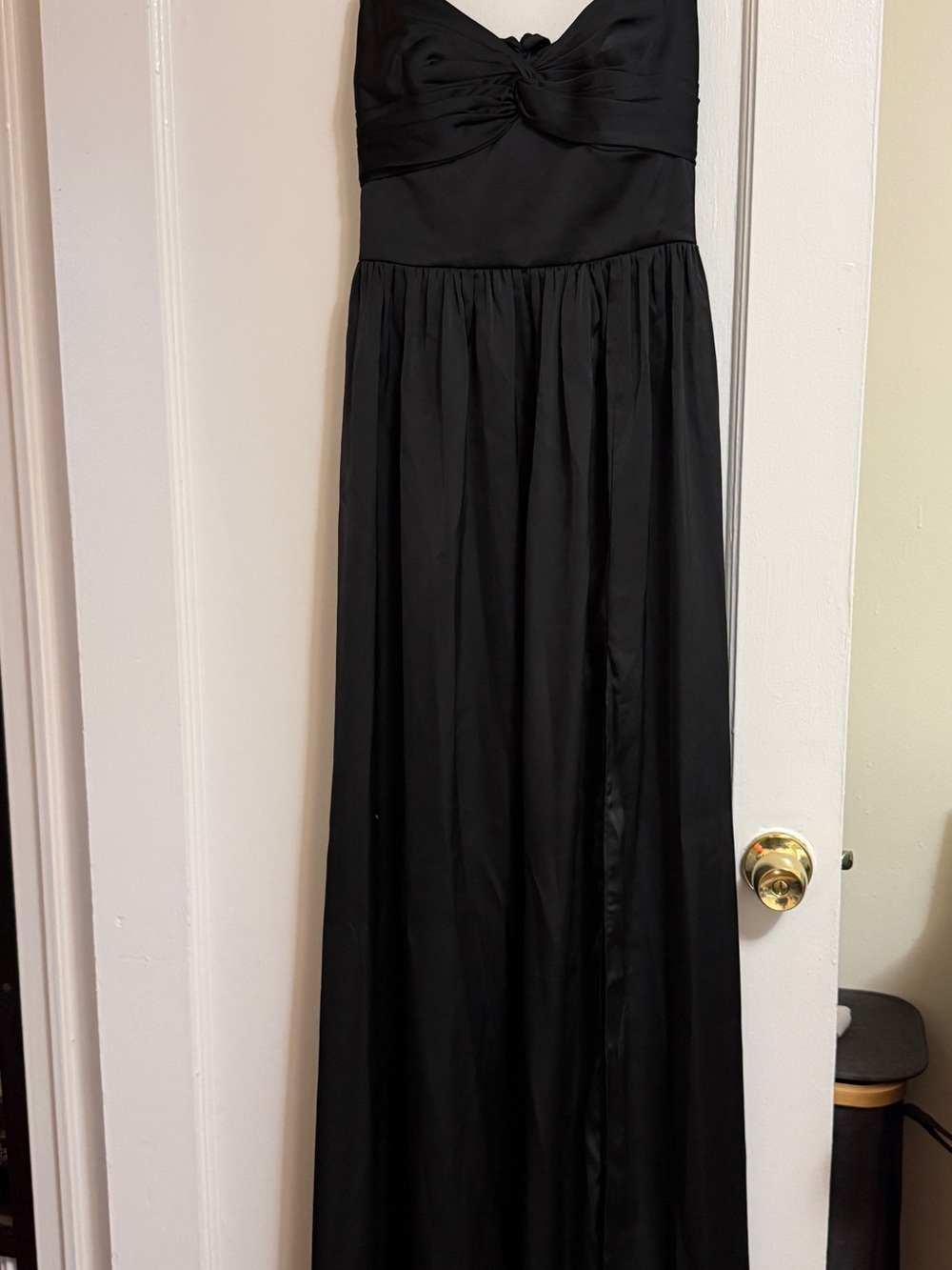 NWT Azazie Zeya Black A-Line Pleated Stretch Satin Dress